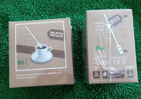 Paletta in bio plastica, per caffe’ / cappuccino da cm 11, in contenitore di cartone igienico